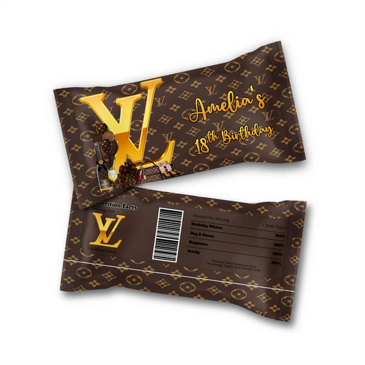 Louis Vuitton inspired Skittles label with custom text and brown pattern wrapped on candy pouch