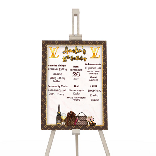 Louis Vuitton inspired milestone poster with personalized birthday facts and brown theme on white wall