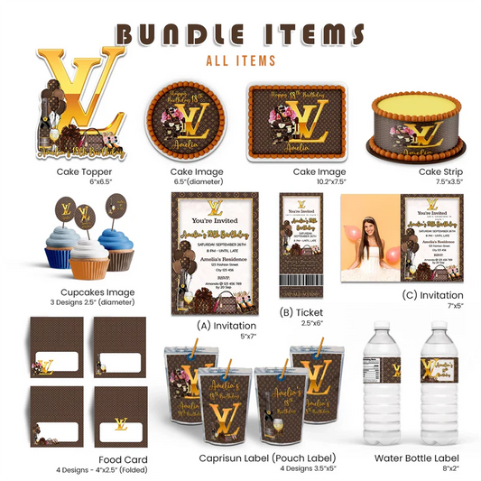 Louis Vuitton inspired party pack template with gold brown monogram design flat lay on white background