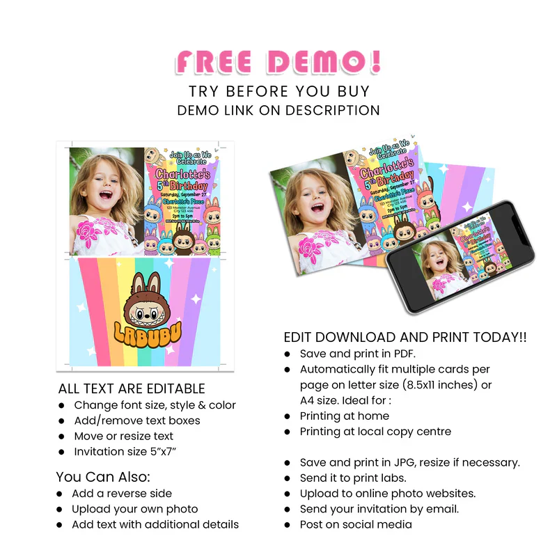 Labubu Personalized Photo Card Invitations
