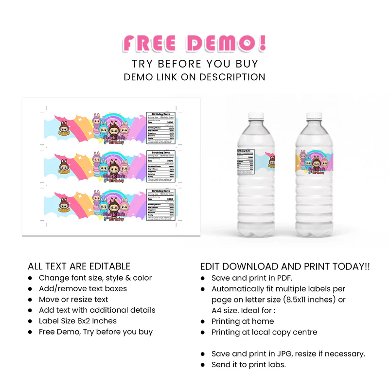 Labubu Water Bottle Labels Custom