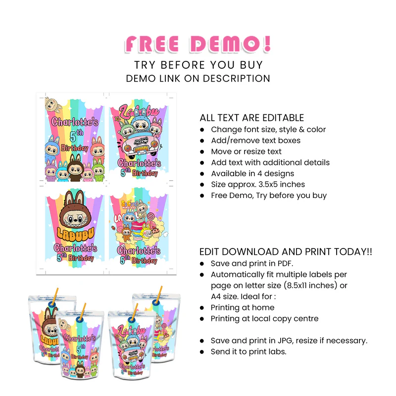 Labubu Juice Pouch Labels Personalized