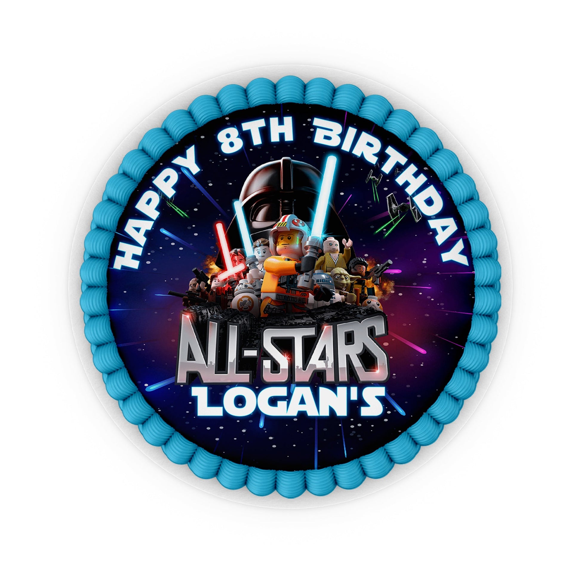 Round edible sheet cake images with Lego Star Wars customization