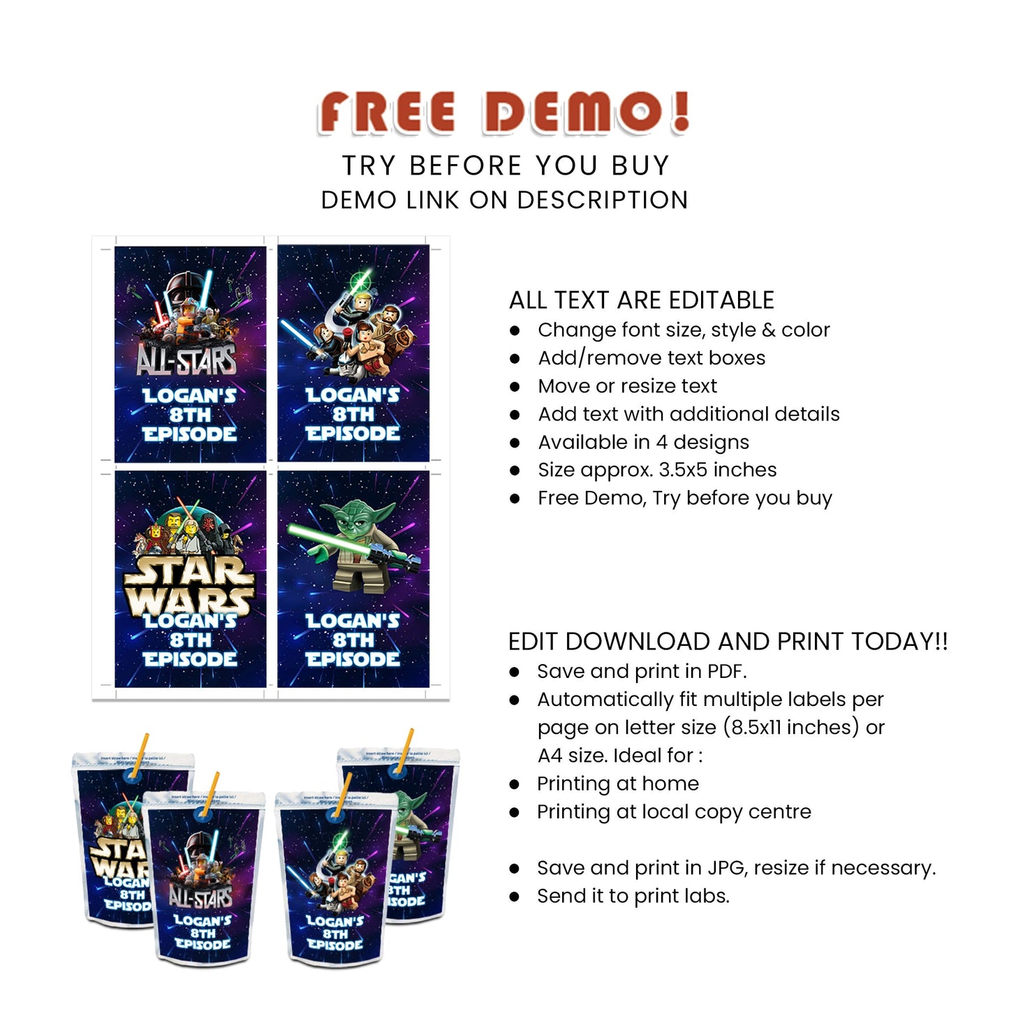 Lego Star Wars Juice Pouch Labels - Customized Refreshments for Your Party