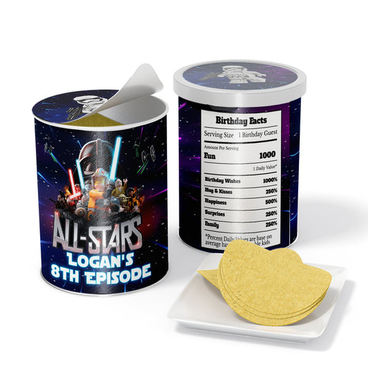 Small Pringles can labels with personalized Lego Star Wars graphics