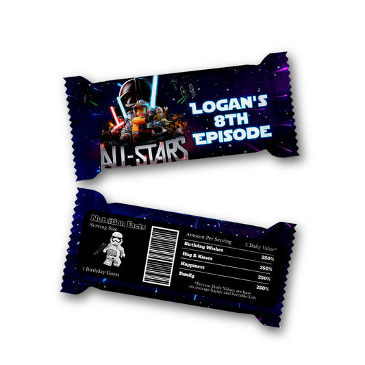 Rice Krispies treats and candy bar labels with Lego Star Wars theme