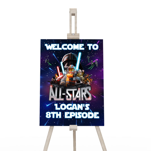 Welcome sign featuring Lego Star Wars characters for parties