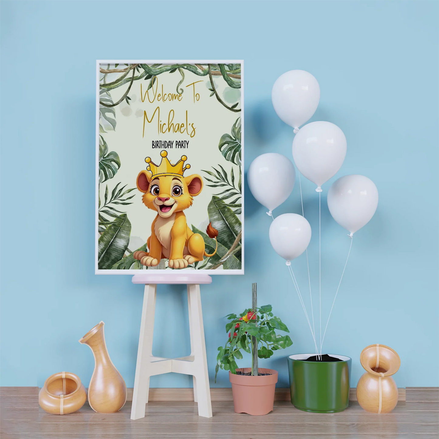 Cute Lion Birthday Decorations, Lion King Party Supplies, 1st Birthday Lion Themed, Boys Birthday Lion Digital Template, Editable Lion King of the Jungle Image SVG PNG