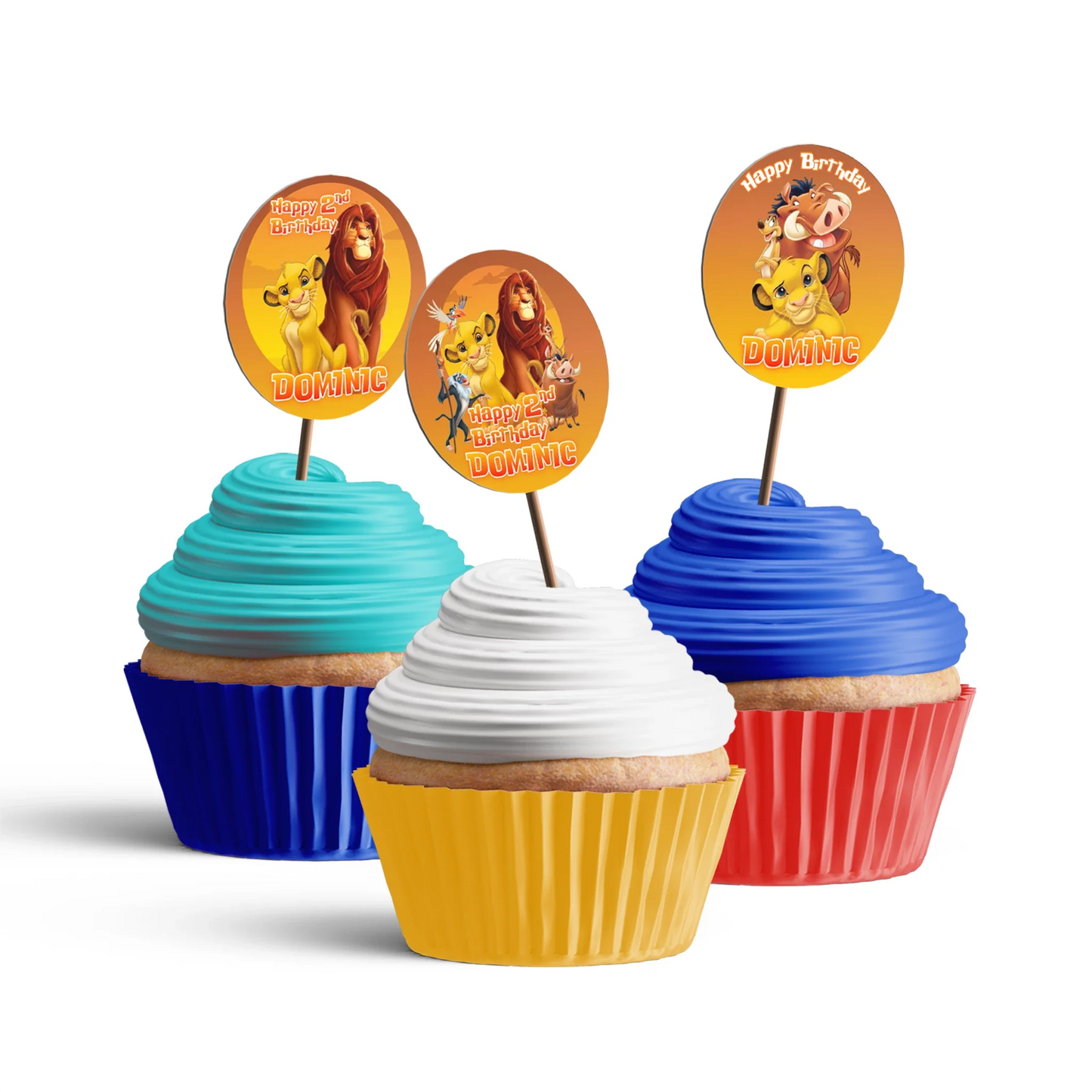 The Lion King Personalized Cupcake Toppers with Simba, Timon, and Pumbaa designs for a fun dessert table.