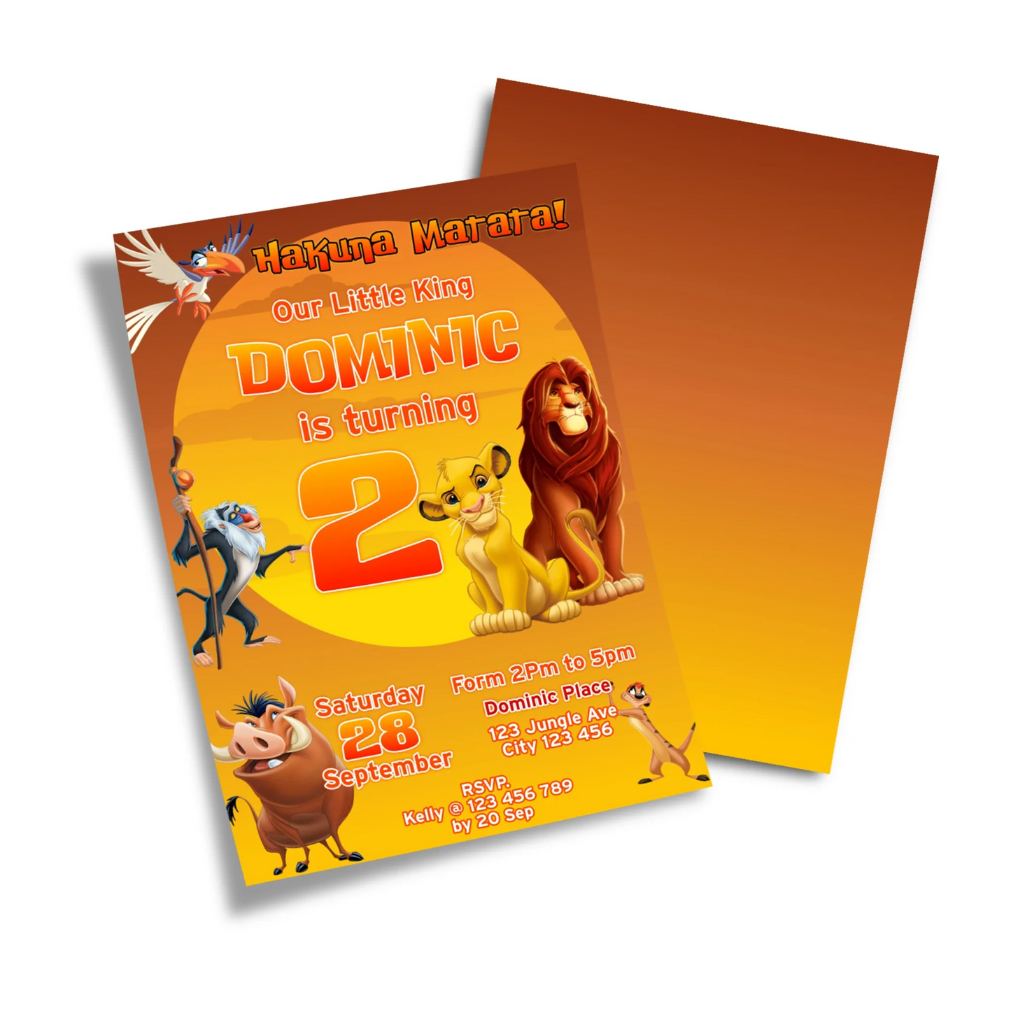 The Lion King Personalized Birthday Card Invitations with Custom names and Lion King-themed designs for party invites.