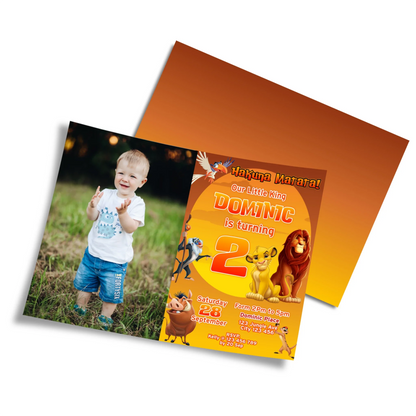 The Lion King Personalized Photo Card Invitations featuring a Photo of your child and Lion King-themed artwork.