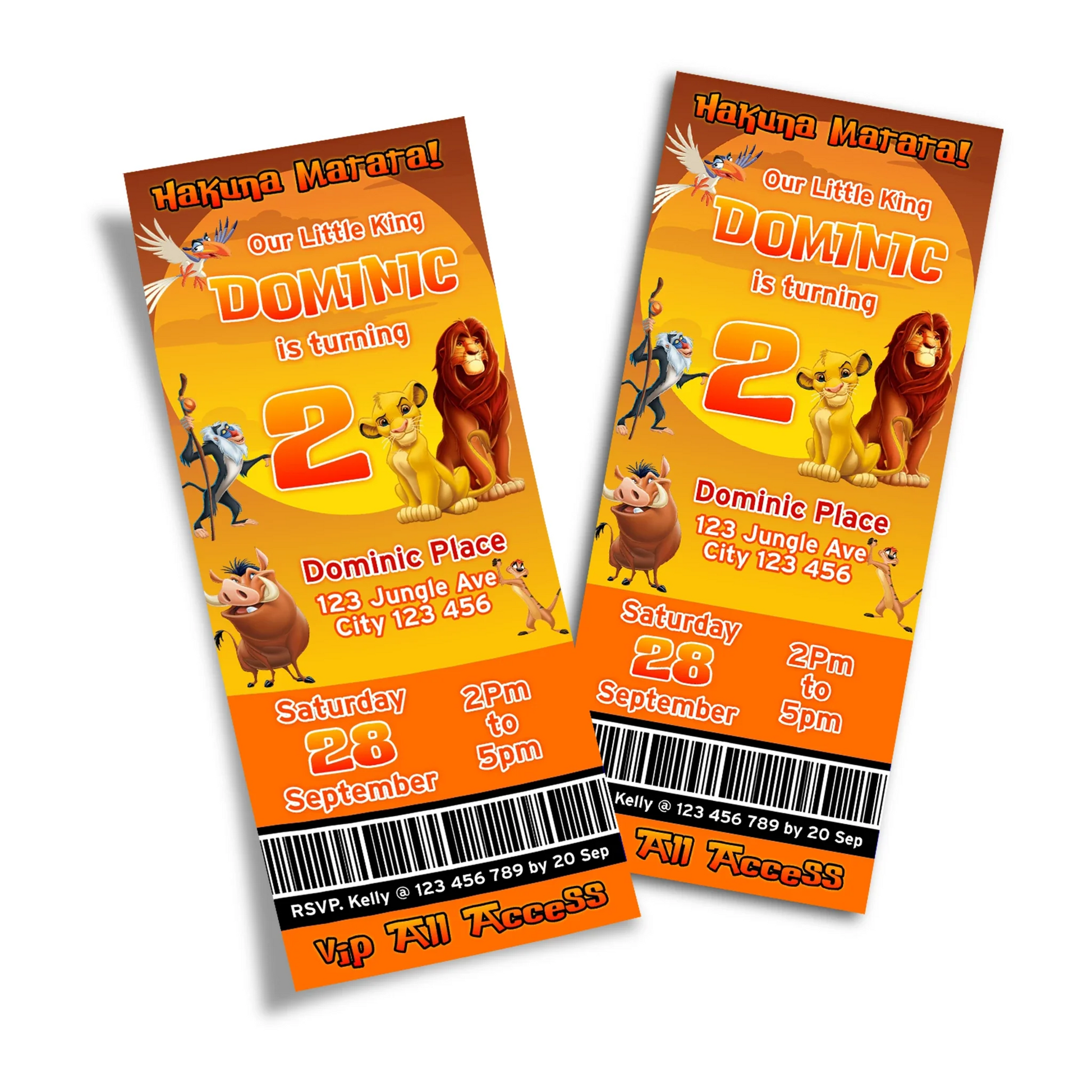 The Lion King Personalized Birthday Ticket Invitations with Custom text and Lion King characters for a unique party invite.