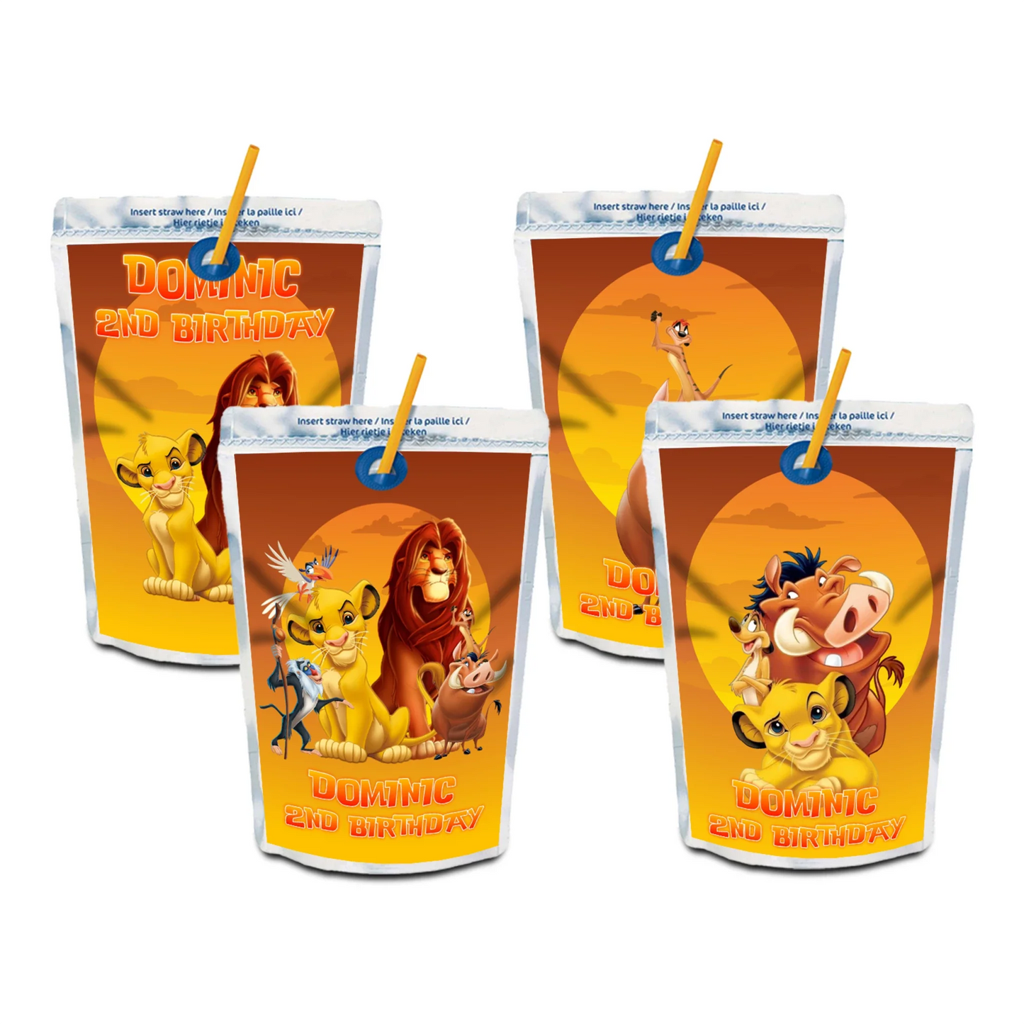 The Lion King Juice Pouch Labels with vibrant Lion King designs for themed beverage decorations.