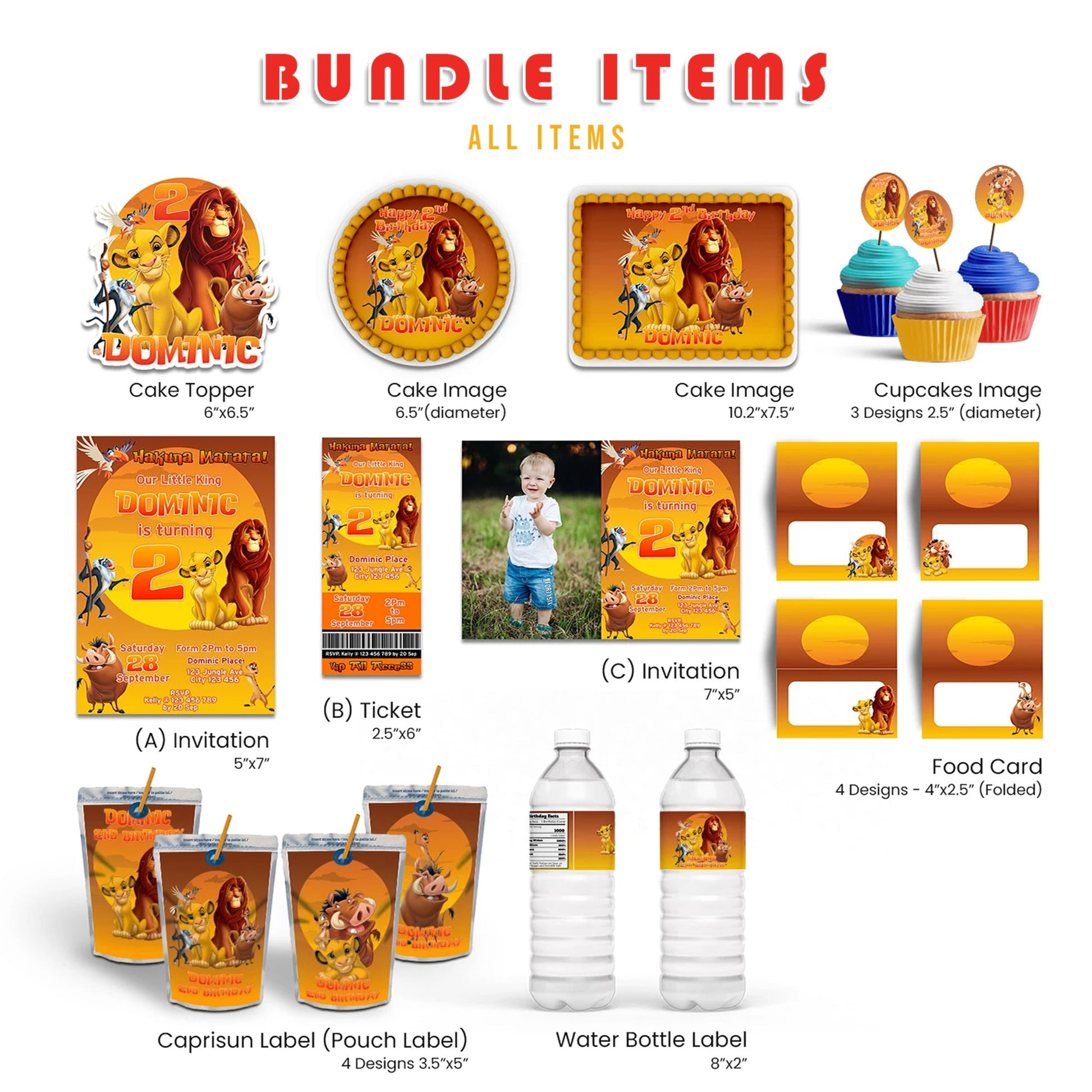 The Lion King personalized digital party pack with editable templates for birthday decorations and favors