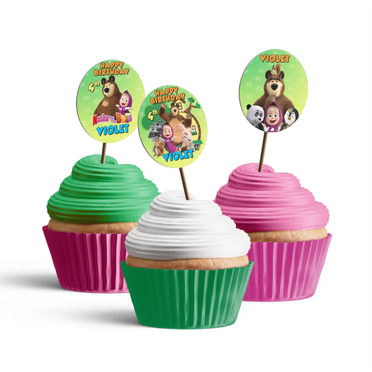 Masha and the Bear personalized cupcake toppers, set of twelve