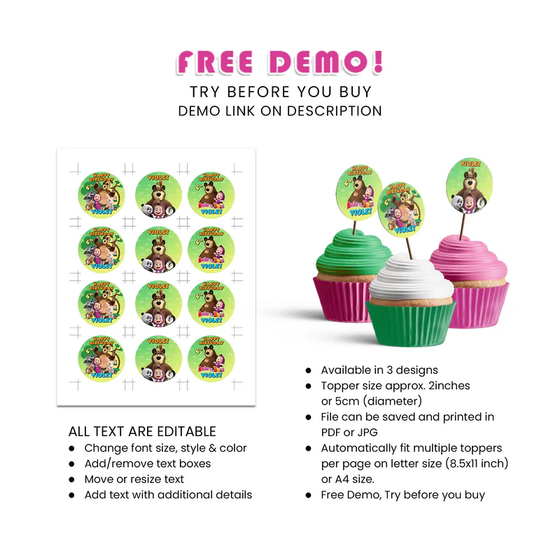 Masha and the Bear Cupcake Toppers Personalized