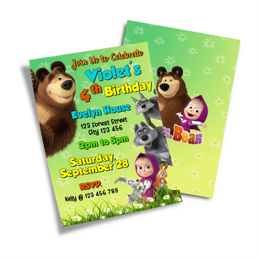 Masha and the Bear personalized birthday card invitation, front view