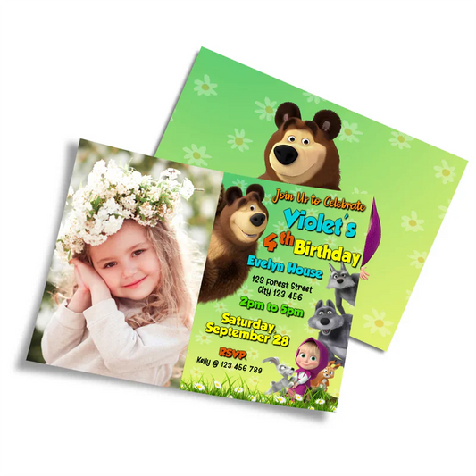 Masha and the Bear photo card invitation, child's photo placeholder