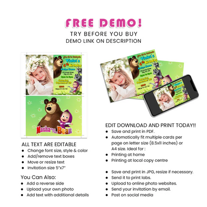 Masha and the Bear Photo Card Invitations Personalized