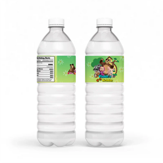 Masha and the Bear water bottle label, wrapped around bottle