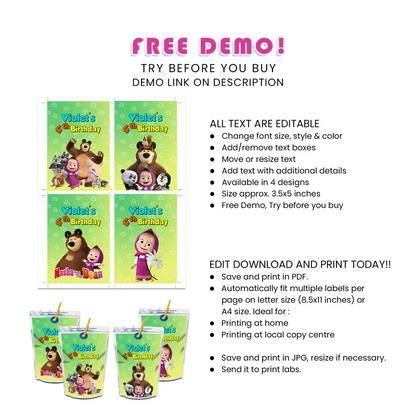 Masha and the Bear Juice Pouch Labels
