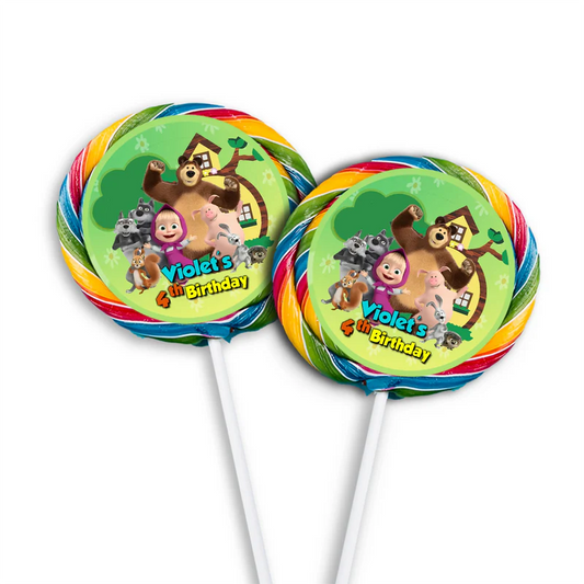 Masha and the Bear lollipop label, round sticker on lollipop