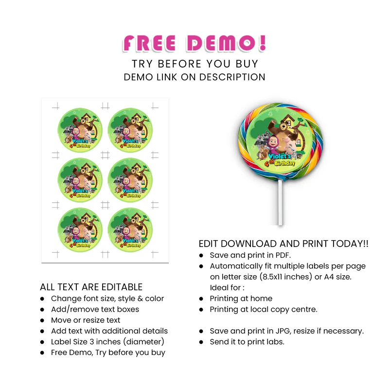Masha and the Bear Lollipop Labels