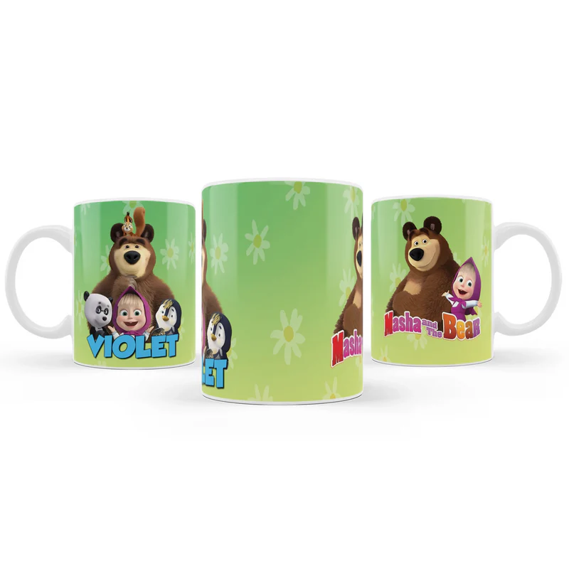 Masha and the Bear sublimation mug, vibrant character print, white ceramic