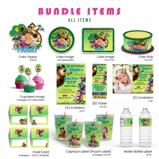 Masha and the Bear digital party pack template with colorful elements