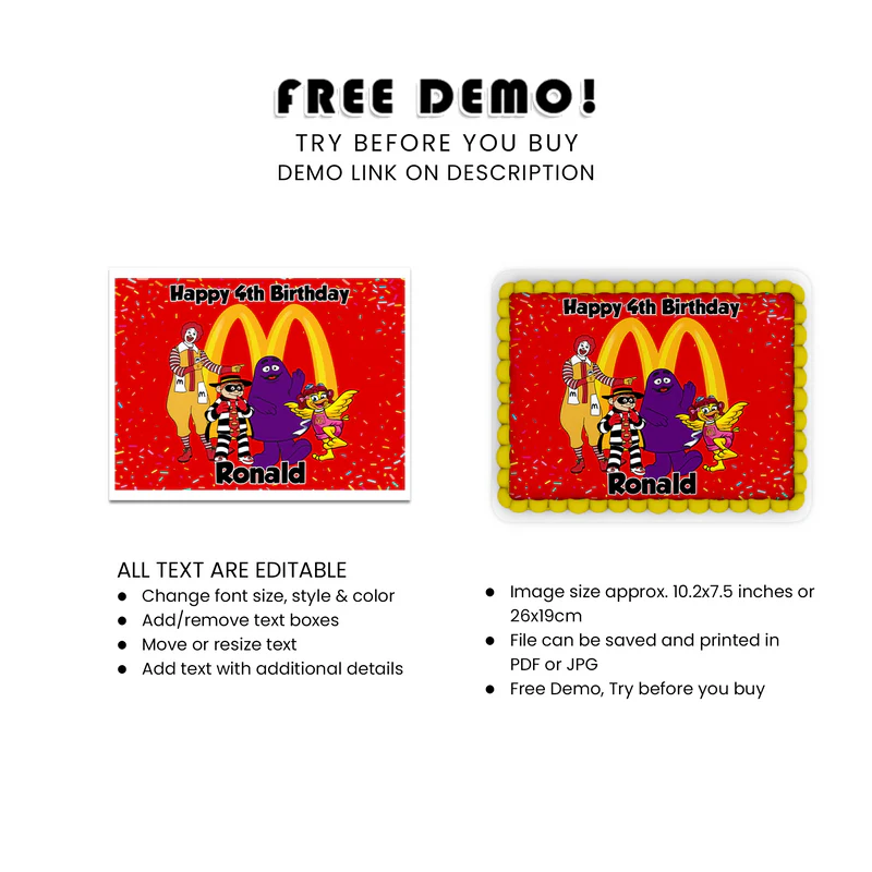McDonalds Edible Sheet Cake Topper Personalized for Kids Party Cakes