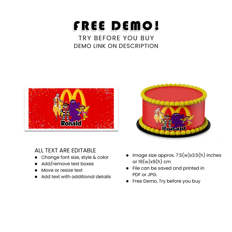 McDonalds Edible Cake Strips Custom Icing Decorations for Kids Party