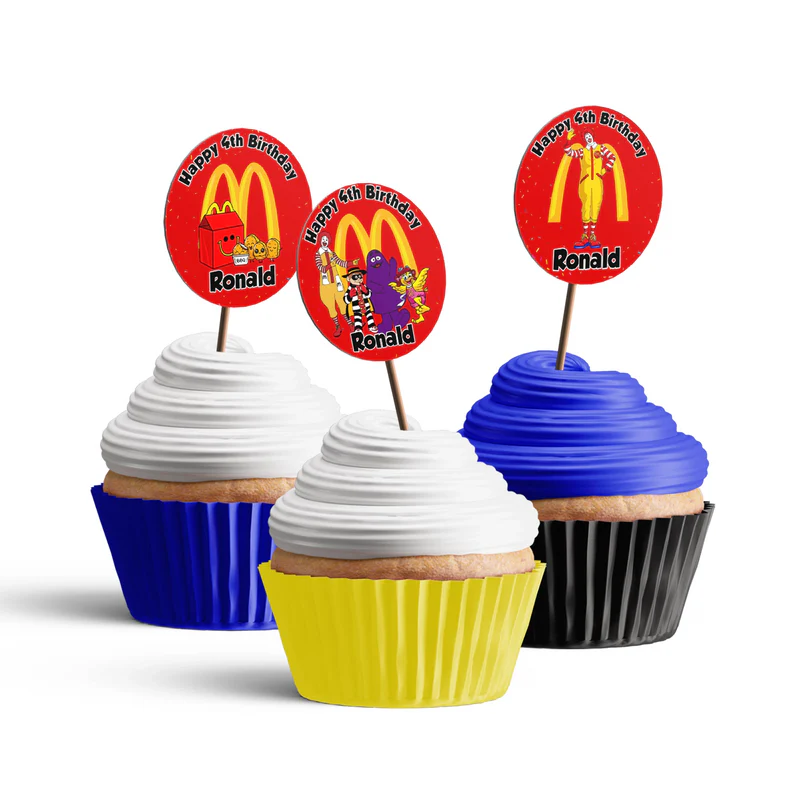 McDonalds cupcake toppers with bright characters and logo laid out in circle pattern