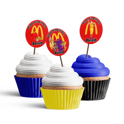 McDonalds cupcake toppers with bright characters and logo laid out in circle pattern
