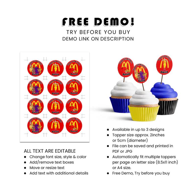 McDonalds Cupcake Toppers Personalized Round Party Decorations for Kids