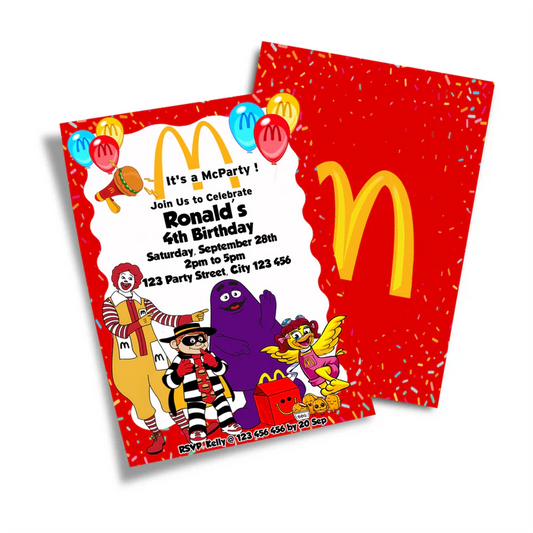 McDonalds birthday card invitation with red border and yellow text on wooden table