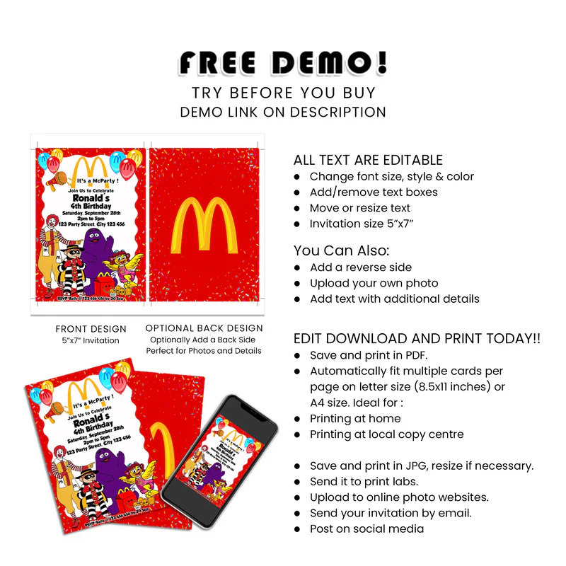McDonalds Birthday Card Invitations Personalized Kids Party Stationery