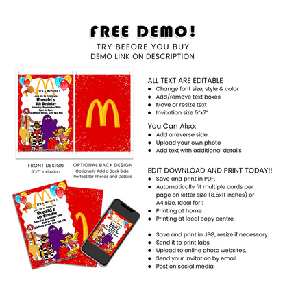 McDonalds Birthday Card Invitations Personalized Kids Party Stationery