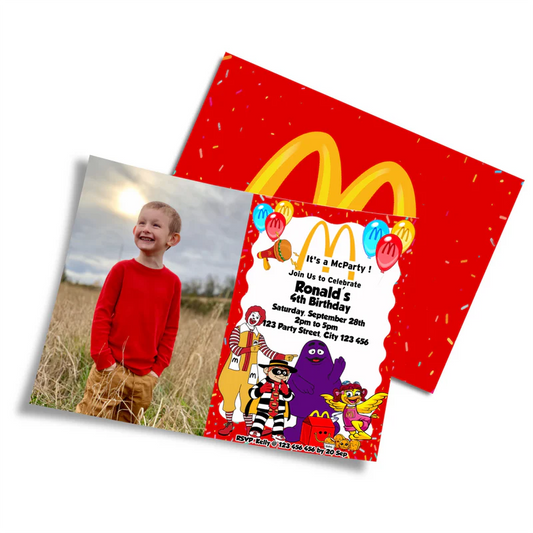 McDonalds photo invitation with child’s photo and burger theme design on kraft paper background