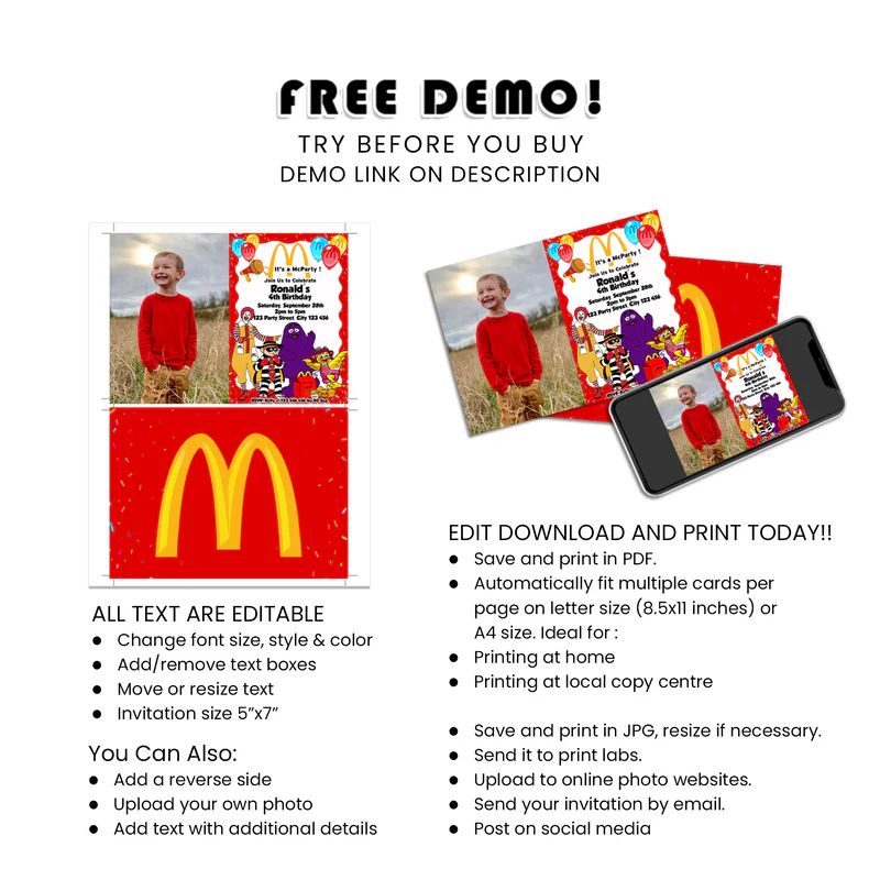 McDonalds Photo Card Invitations Custom Birthday Invite with Child’s Photo