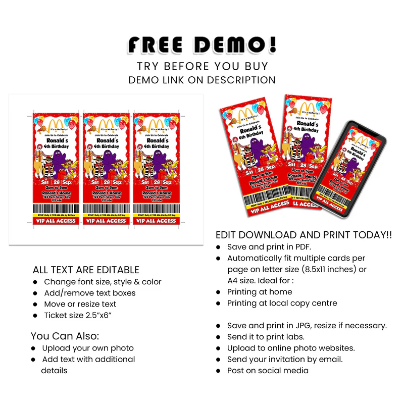 McDonalds Birthday Ticket Invitations Personalized for Party Guests