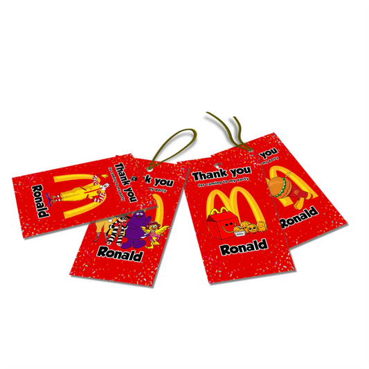McDonalds thank you tags with cartoon burger icons and yellow accents on flat white surface