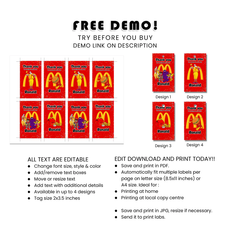 McDonalds Favor Tags Custom Gift Tags for Kids Party Treats
