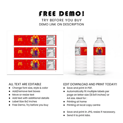 McDonalds Water Bottle Labels Custom Drink Stickers for Birthday Party
