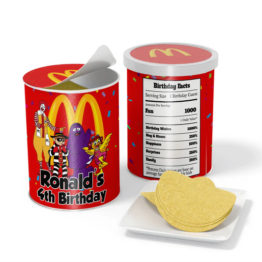 McDonalds small Pringles label with wraparound burger design applied to mini can