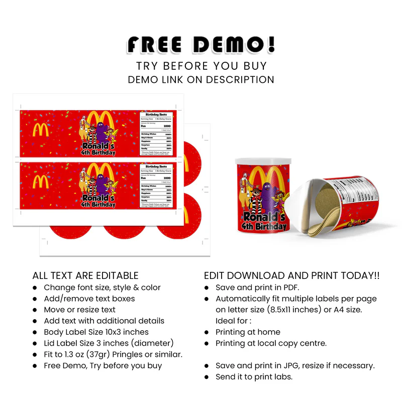 McDonalds Small Pringles Labels Custom Wraps for Mini Pringles Snacks