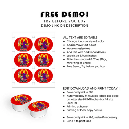 McDonalds Mini Pringles Labels Personalized Snack Stickers for Party