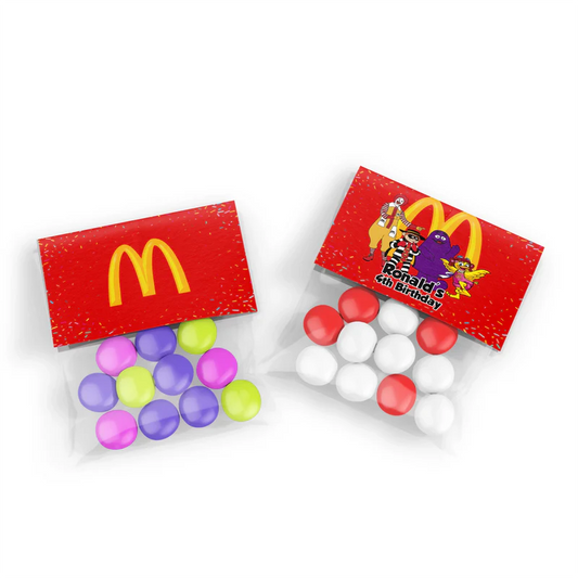 McDonalds treat bag topper label with bold colors and fries illustration folded on treat bag