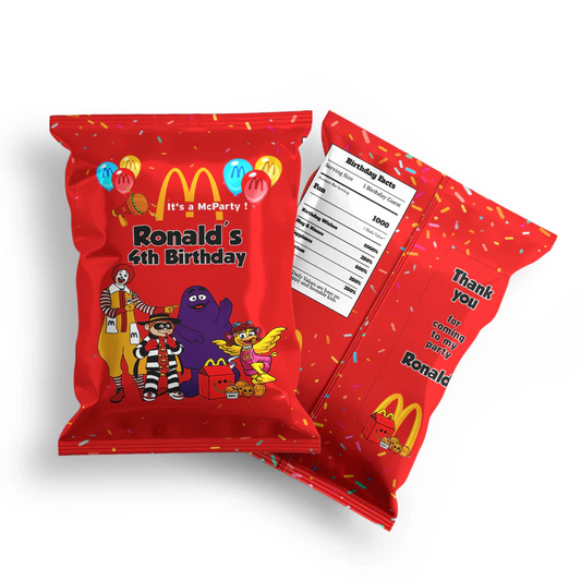 McDonalds chips bag label with cartoon food pattern on silver snack pouch flat lay