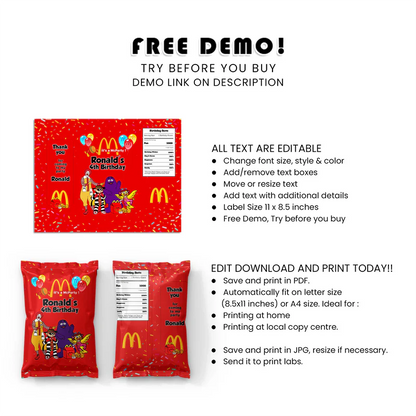 McDonalds Chips Bag Labels Personalized Snack Bag Wrappers for Kids
