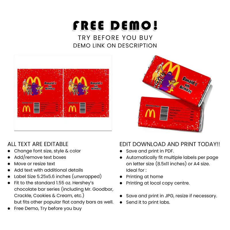 McDonalds Chocolate Labels Custom Candy Bar Wrappers for Birthday Party
